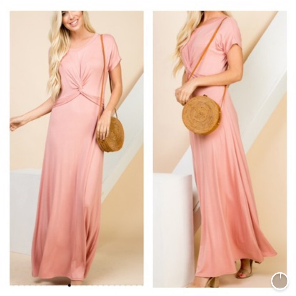 Dusty Rose Short Sleeved Knotted Maxi Dress
